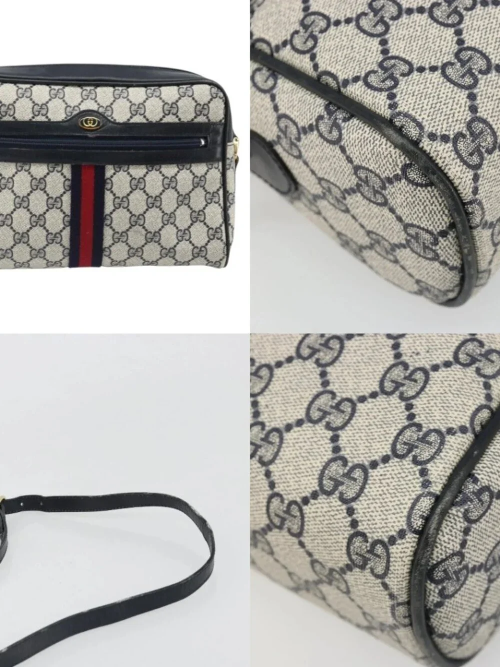 GUCCI GG Supreme Sherry Line Shoulder Bag PVC Navy Gold Auth 185719